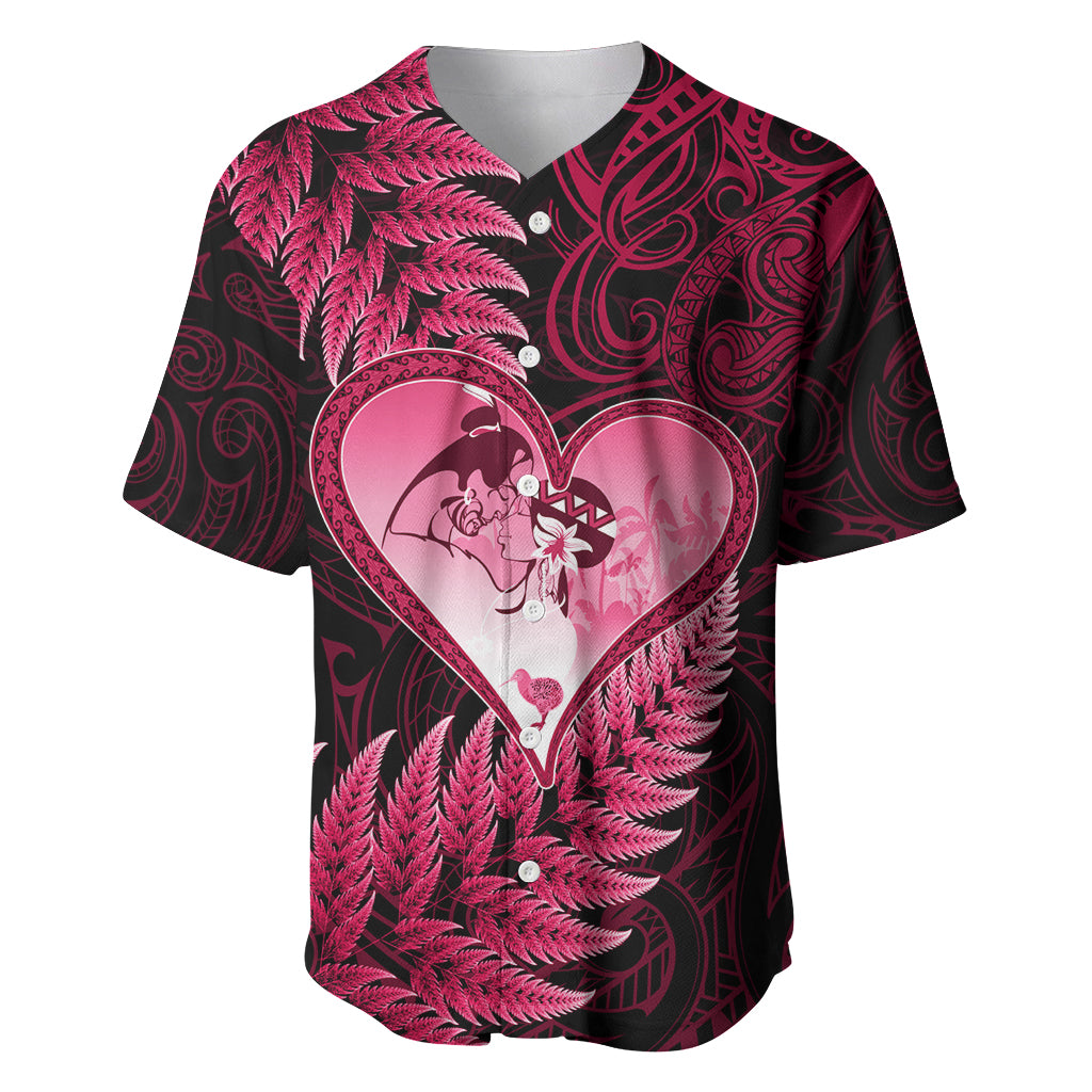 New Zealand Valentine Day Baseball Jersey Aotearoa Warrior Love Story Silver Fern Koru Pink Style LT03 Pink - Polynesian Pride