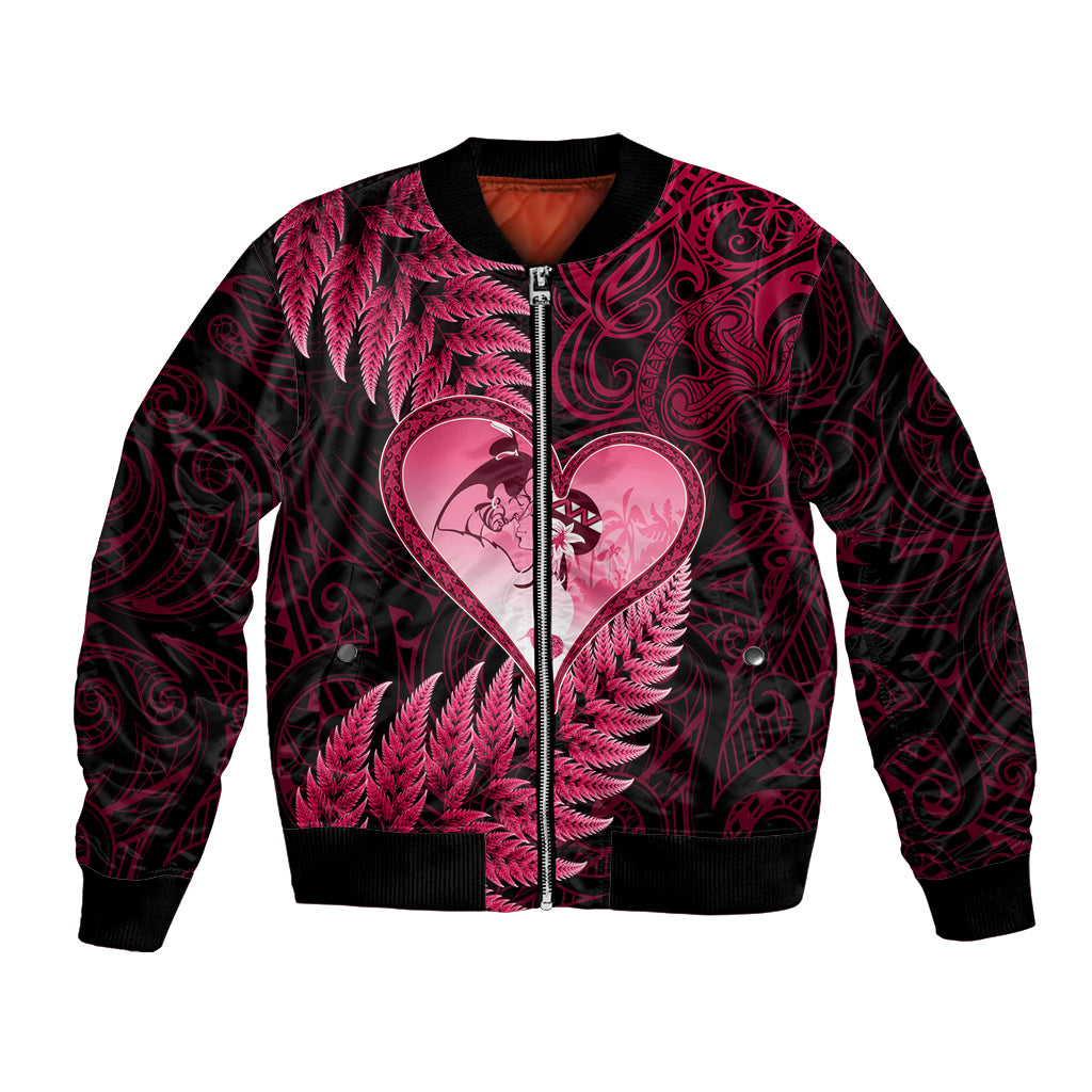 New Zealand Valentine Day Bomber Jacket Aotearoa Warrior Love Story Silver Fern Koru Pink Style LT03 Unisex Pink - Polynesian Pride