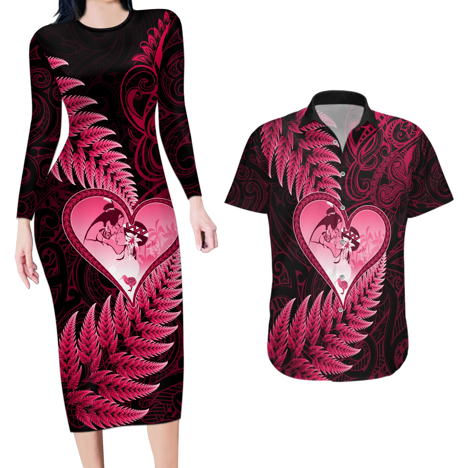 New Zealand Valentine Day Couples Matching Long Sleeve Bodycon Dress and Hawaiian Shirt Aotearoa Warrior Love Story Silver Fern Koru Pink Style LT03 Pink - Polynesian Pride