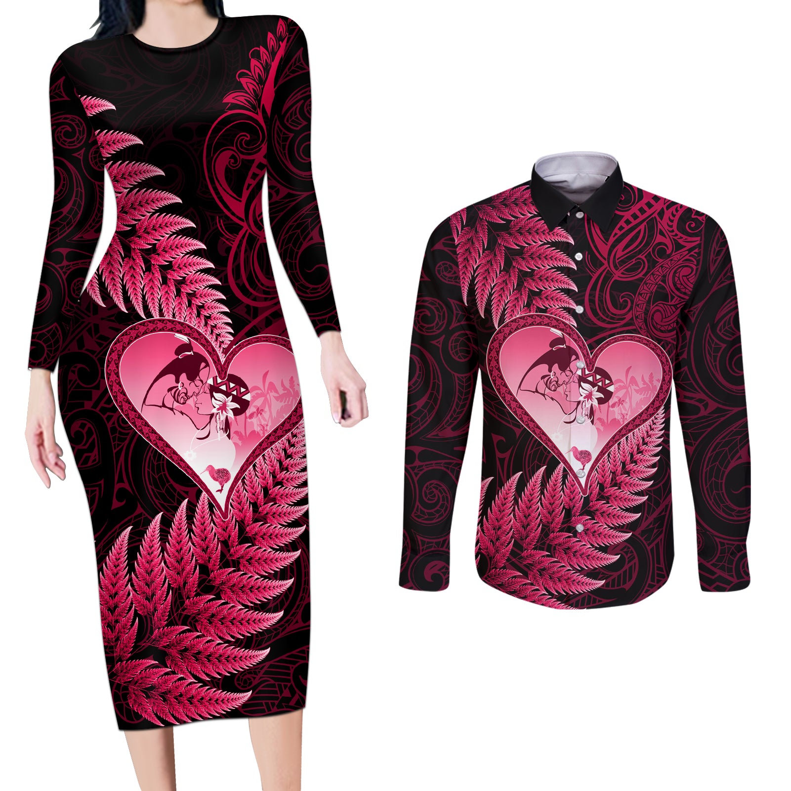 New Zealand Valentine Day Couples Matching Long Sleeve Bodycon Dress and Long Sleeve Button Shirt Aotearoa Warrior Love Story Silver Fern Koru Pink Style LT03 Pink - Polynesian Pride