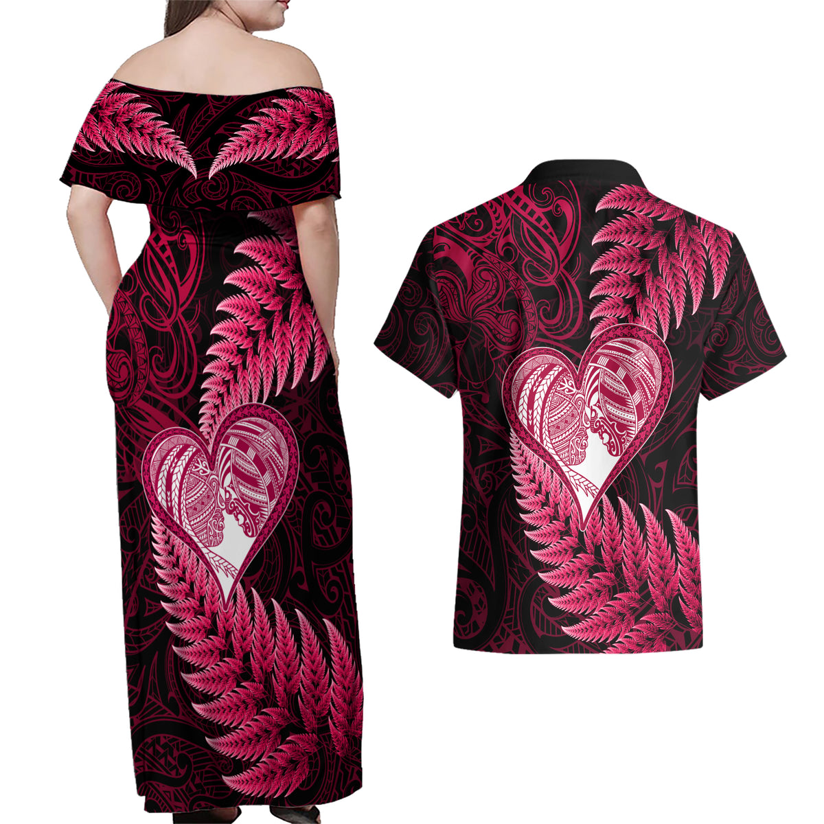 New Zealand Valentine Day Couples Matching Off Shoulder Maxi Dress and Hawaiian Shirt Aotearoa Warrior Love Story Silver Fern Koru Pink Style LT03 - Polynesian Pride