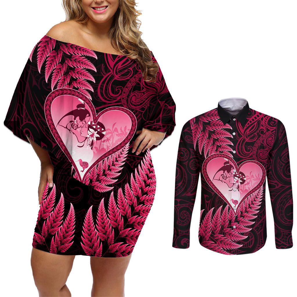 New Zealand Valentine Day Couples Matching Off Shoulder Short Dress and Long Sleeve Button Shirt Aotearoa Warrior Love Story Silver Fern Koru Pink Style LT03 Pink - Polynesian Pride