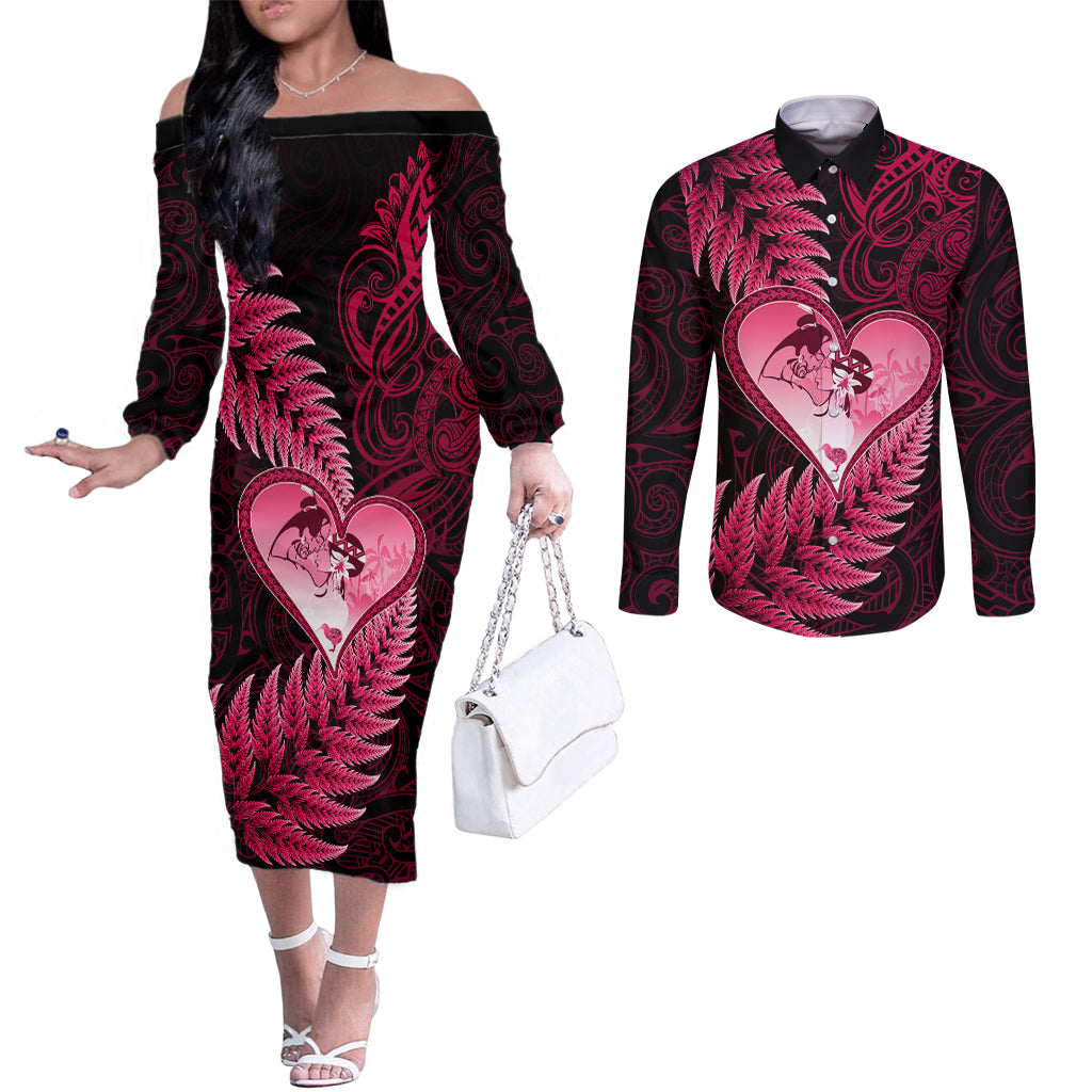 New Zealand Valentine Day Couples Matching Off The Shoulder Long Sleeve Dress and Long Sleeve Button Shirt Aotearoa Warrior Love Story Silver Fern Koru Pink Style LT03 Pink - Polynesian Pride