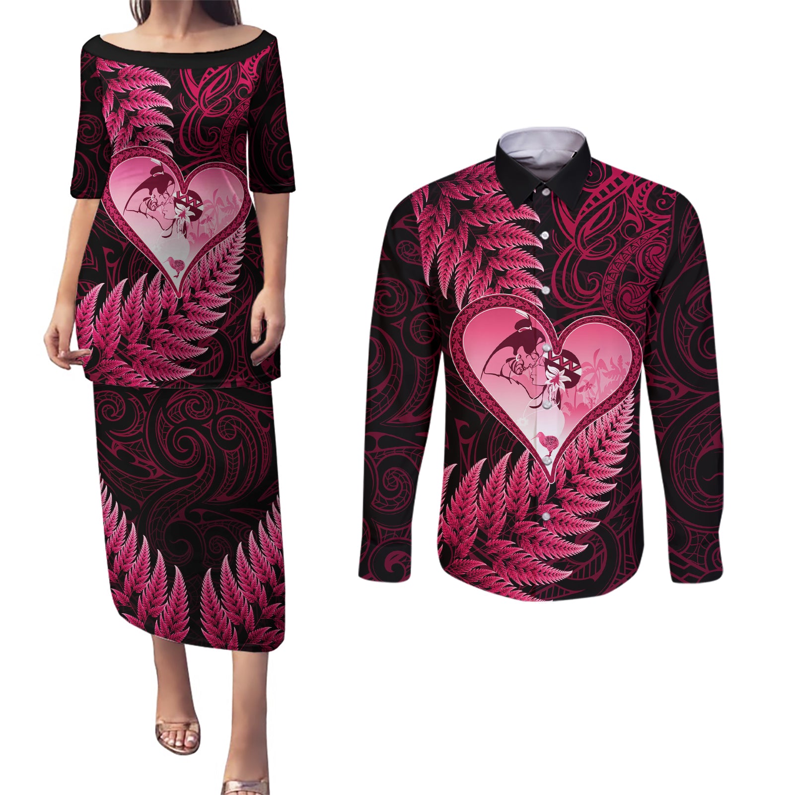 New Zealand Valentine Day Couples Matching Puletasi and Long Sleeve Button Shirt Aotearoa Warrior Love Story Silver Fern Koru Pink Style LT03 Pink - Polynesian Pride