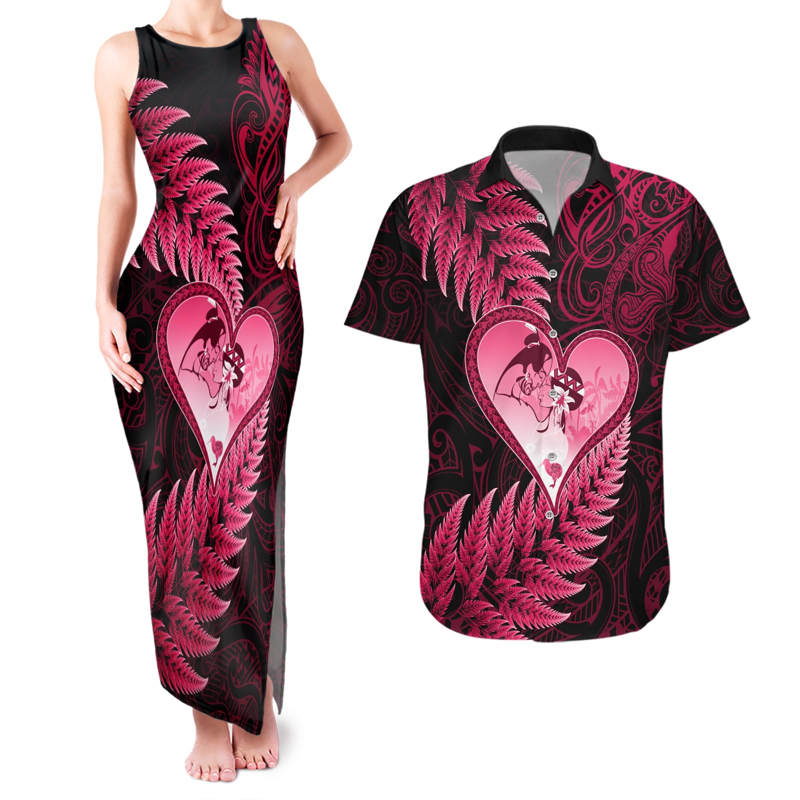 New Zealand Valentine Day Couples Matching Tank Maxi Dress and Hawaiian Shirt Aotearoa Warrior Love Story Silver Fern Koru Pink Style LT03 Pink - Polynesian Pride