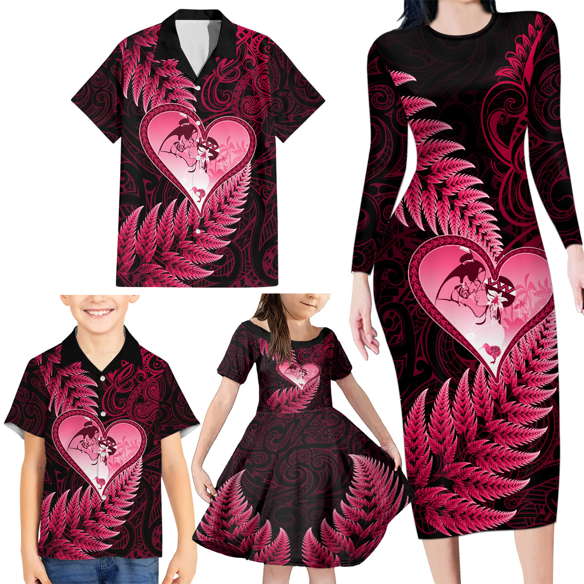 New Zealand Valentine Day Family Matching Long Sleeve Bodycon Dress and Hawaiian Shirt Aotearoa Warrior Love Story Silver Fern Koru Pink Style LT03 - Polynesian Pride