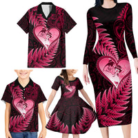 New Zealand Valentine Day Family Matching Long Sleeve Bodycon Dress and Hawaiian Shirt Aotearoa Warrior Love Story Silver Fern Koru Pink Style LT03 - Polynesian Pride
