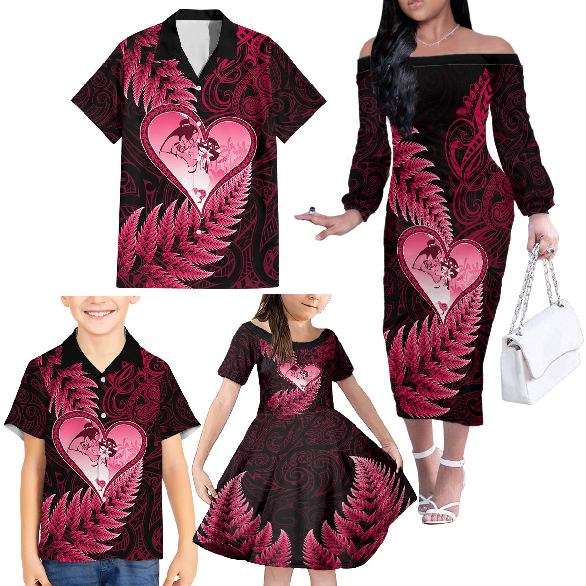 New Zealand Valentine Day Family Matching Off Shoulder Long Sleeve Dress and Hawaiian Shirt Aotearoa Warrior Love Story Silver Fern Koru Pink Style LT03 - Polynesian Pride