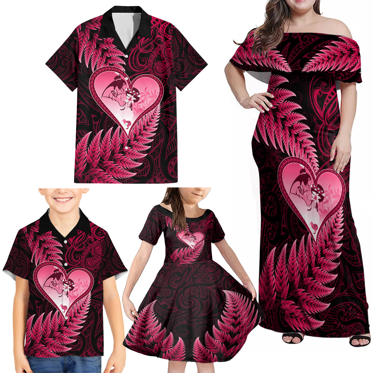 New Zealand Valentine Day Family Matching Off Shoulder Maxi Dress and Hawaiian Shirt Aotearoa Warrior Love Story Silver Fern Koru Pink Style LT03 - Polynesian Pride