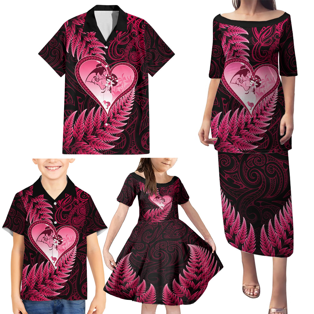 New Zealand Valentine Day Family Matching Puletasi and Hawaiian Shirt Aotearoa Warrior Love Story Silver Fern Koru Pink Style LT03 - Polynesian Pride