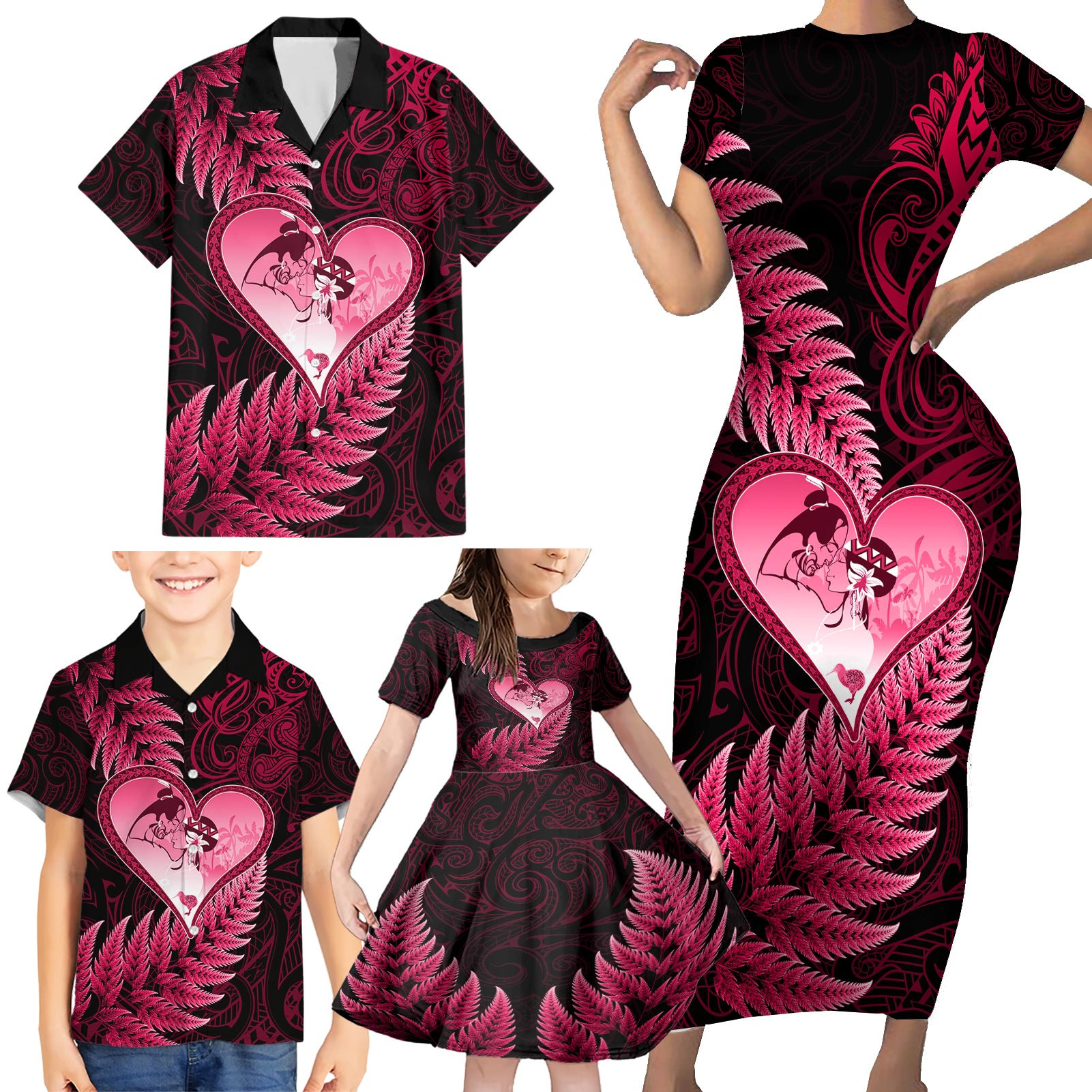 New Zealand Valentine Day Family Matching Short Sleeve Bodycon Dress and Hawaiian Shirt Aotearoa Warrior Love Story Silver Fern Koru Pink Style LT03 - Polynesian Pride