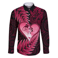 New Zealand Valentine Day Family Matching Short Sleeve Bodycon Dress and Hawaiian Shirt Aotearoa Warrior Love Story Silver Fern Koru Pink Style LT03 Dad's Shirt - Long Sleeve Pink - Polynesian Pride