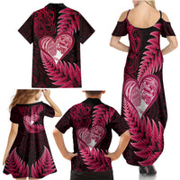 New Zealand Valentine Day Family Matching Summer Maxi Dress and Hawaiian Shirt Aotearoa Warrior Love Story Silver Fern Koru Pink Style LT03 - Polynesian Pride
