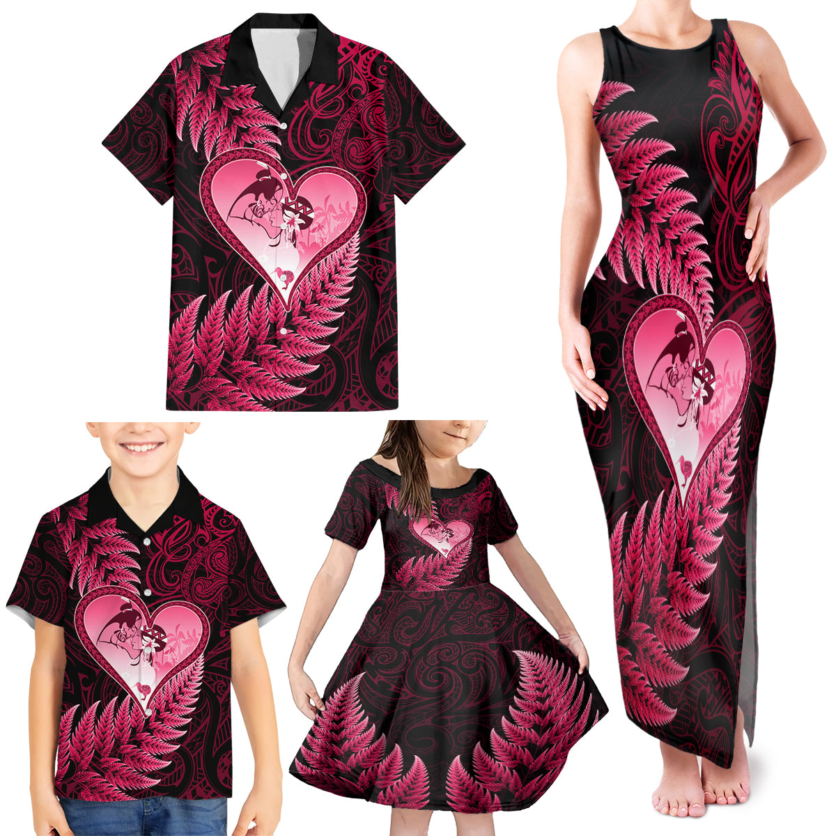 New Zealand Valentine Day Family Matching Tank Maxi Dress and Hawaiian Shirt Aotearoa Warrior Love Story Silver Fern Koru Pink Style LT03 - Polynesian Pride