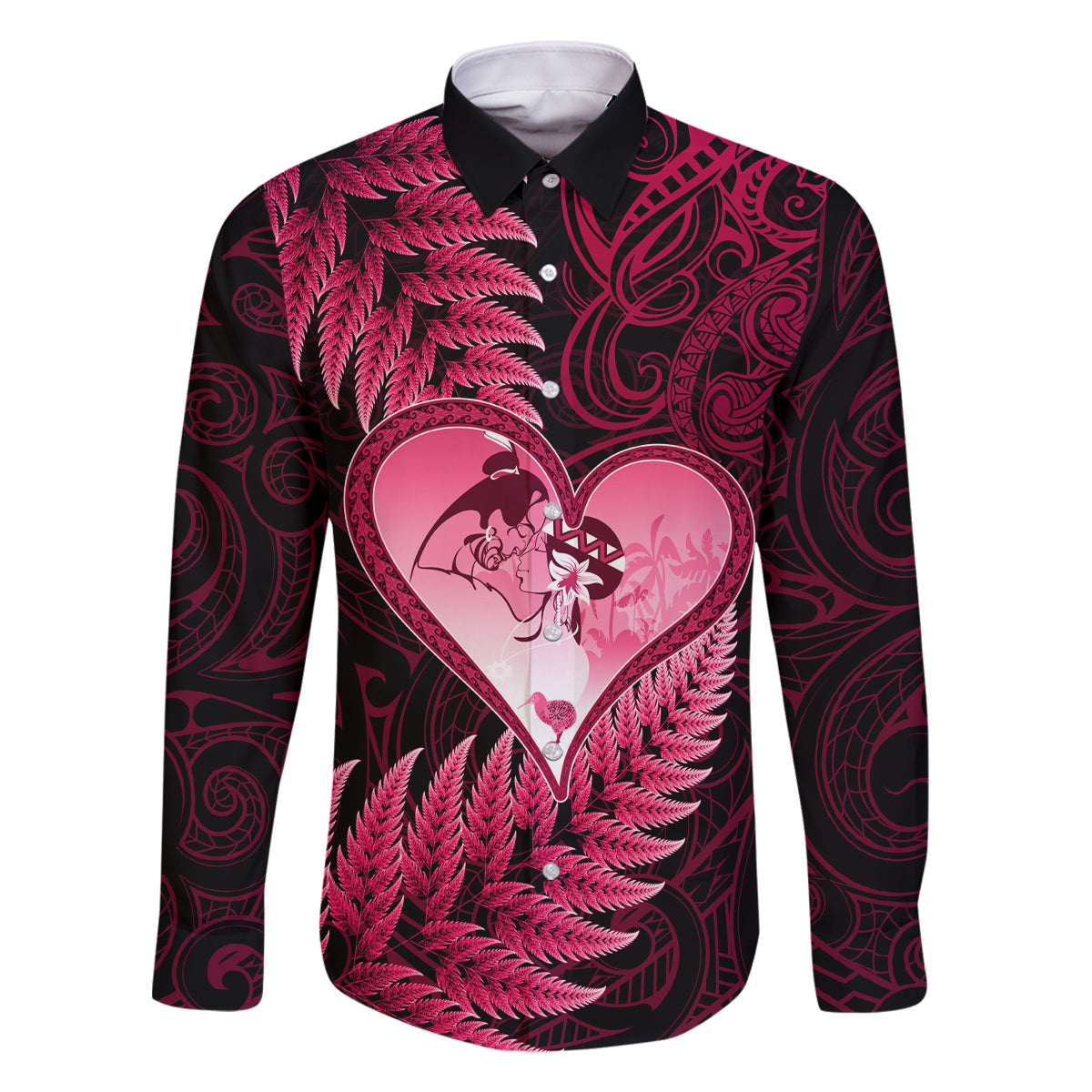 New Zealand Valentine Day Family Matching Tank Maxi Dress and Hawaiian Shirt Aotearoa Warrior Love Story Silver Fern Koru Pink Style LT03 Dad's Shirt - Long Sleeve Pink - Polynesian Pride