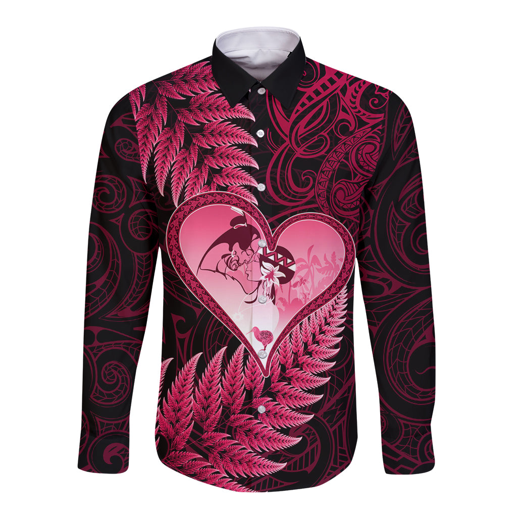 New Zealand Valentine Day Long Sleeve Button Shirt Aotearoa Warrior Love Story Silver Fern Koru Pink Style LT03 Unisex Pink - Polynesian Pride