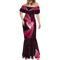New Zealand Valentine Day Mermaid Dress Aotearoa Warrior Love Story Silver Fern Koru Pink Style LT03 - Polynesian Pride