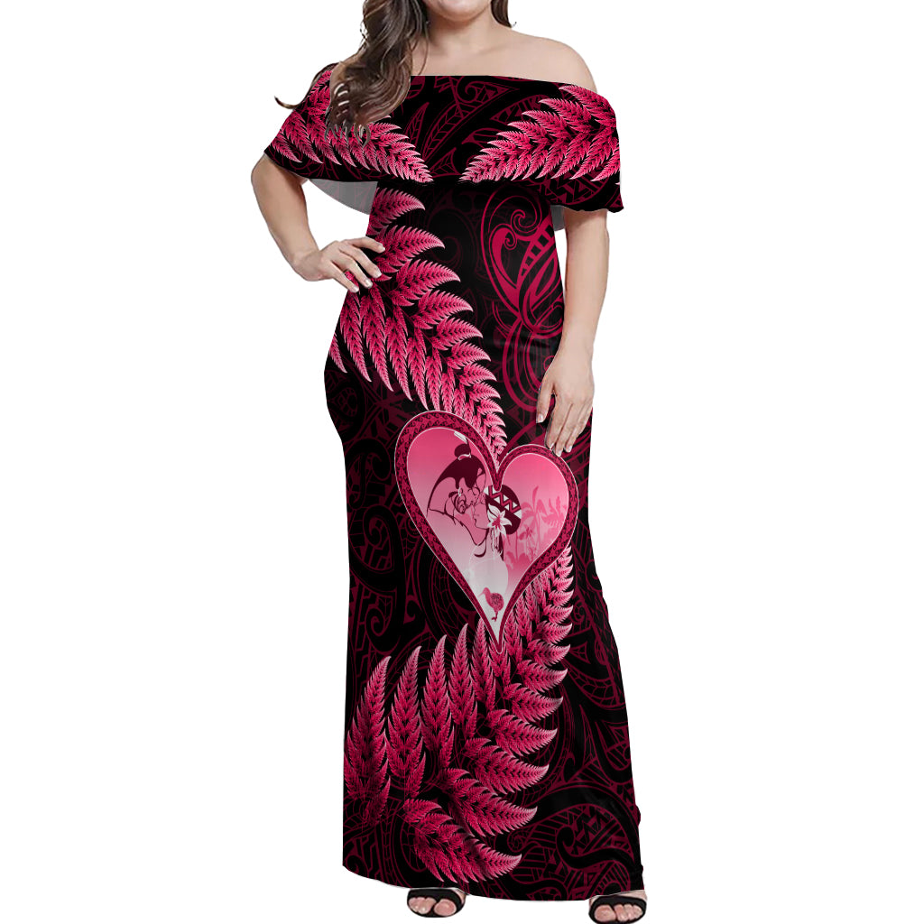 New Zealand Valentine Day Off Shoulder Maxi Dress Aotearoa Warrior Love Story Silver Fern Koru Pink Style LT03 Women Pink - Polynesian Pride