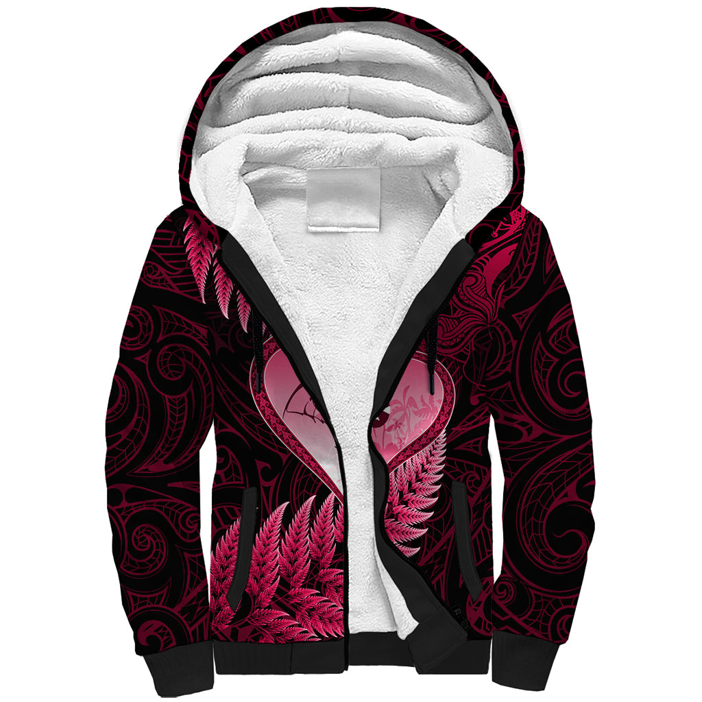 New Zealand Valentine Day Sherpa Hoodie Aotearoa Warrior Love Story Silver Fern Koru Pink Style LT03 Unisex Pink - Polynesian Pride