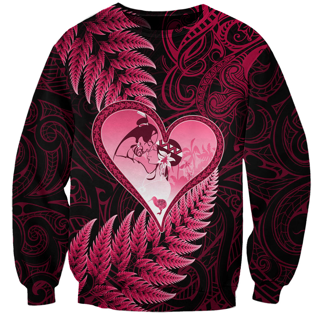 New Zealand Valentine Day Sweatshirt Aotearoa Warrior Love Story Silver Fern Koru Pink Style LT03 Unisex Pink - Polynesian Pride