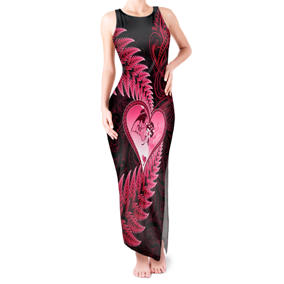 New Zealand Valentine Day Tank Maxi Dress Aotearoa Warrior Love Story Silver Fern Koru Pink Style LT03 Women Pink - Polynesian Pride