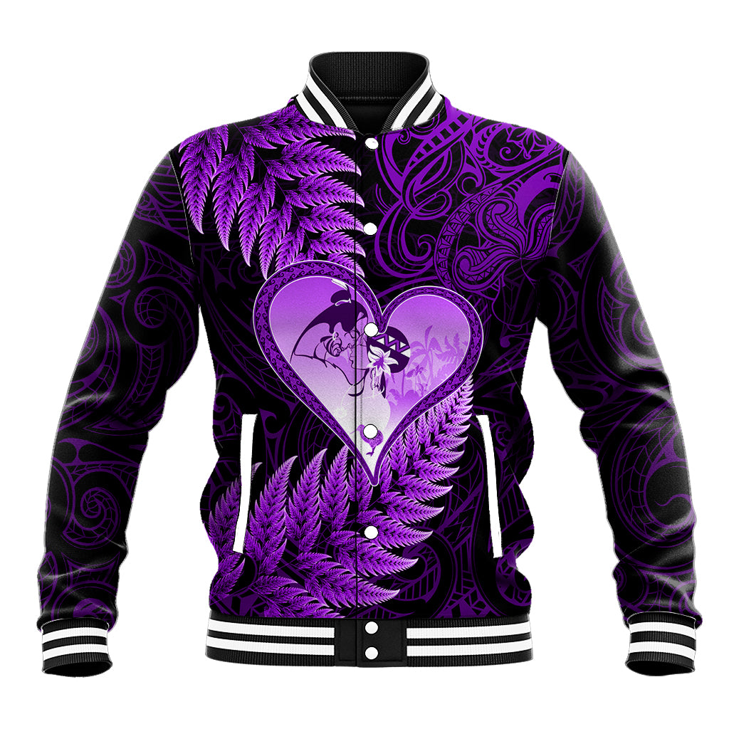 New Zealand Valentine Day Baseball Jacket Aotearoa Warrior Love Story Silver Fern Koru Purple Style LT03 Unisex Purple - Polynesian Pride