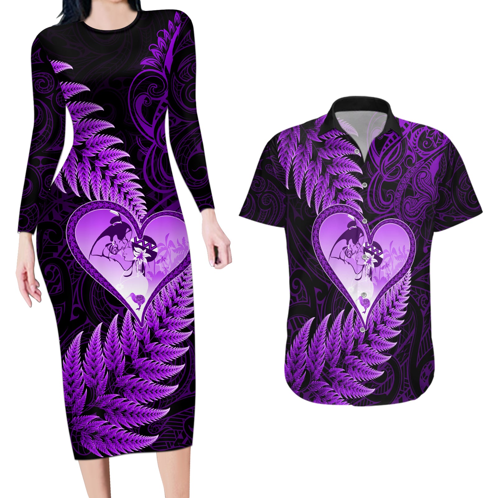 New Zealand Valentine Day Couples Matching Long Sleeve Bodycon Dress and Hawaiian Shirt Aotearoa Warrior Love Story Silver Fern Koru Purple Style LT03 Purple - Polynesian Pride