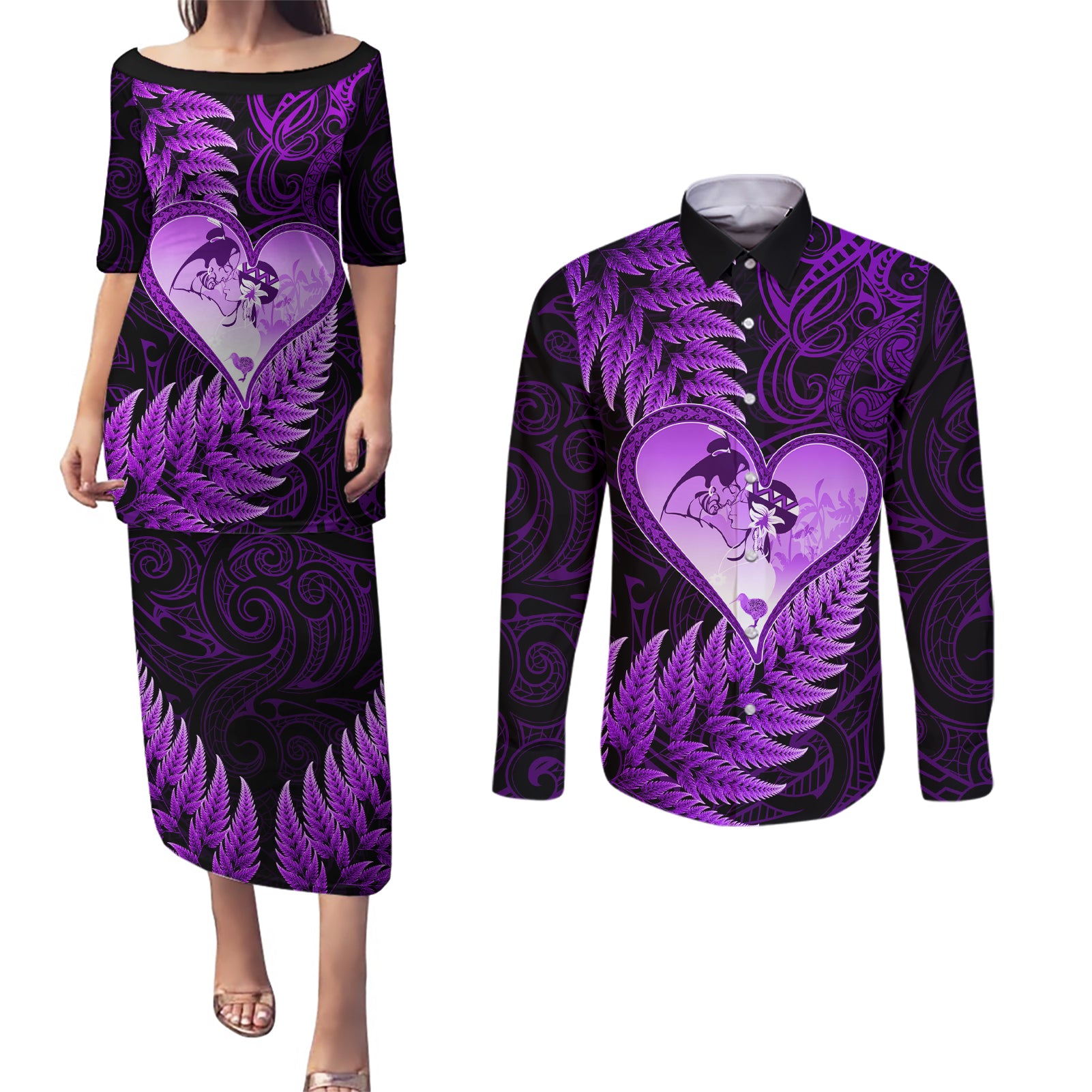 New Zealand Valentine Day Couples Matching Puletasi and Long Sleeve Button Shirt Aotearoa Warrior Love Story Silver Fern Koru Purple Style LT03 Purple - Polynesian Pride