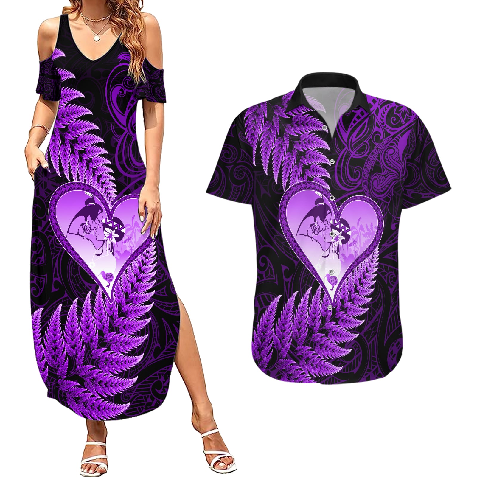 New Zealand Valentine Day Couples Matching Summer Maxi Dress and Hawaiian Shirt Aotearoa Warrior Love Story Silver Fern Koru Purple Style LT03 Purple - Polynesian Pride