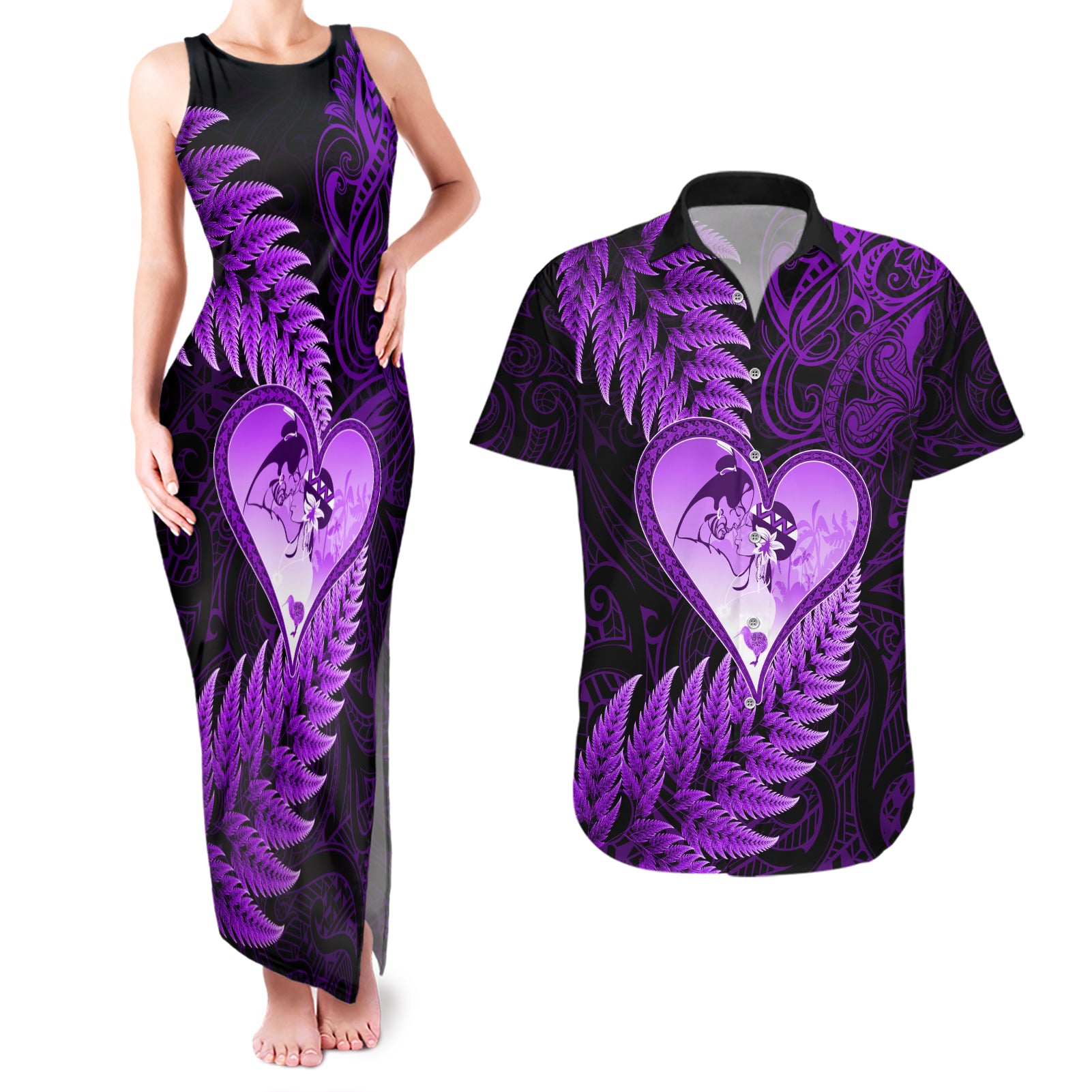 New Zealand Valentine Day Couples Matching Tank Maxi Dress and Hawaiian Shirt Aotearoa Warrior Love Story Silver Fern Koru Purple Style LT03 Purple - Polynesian Pride