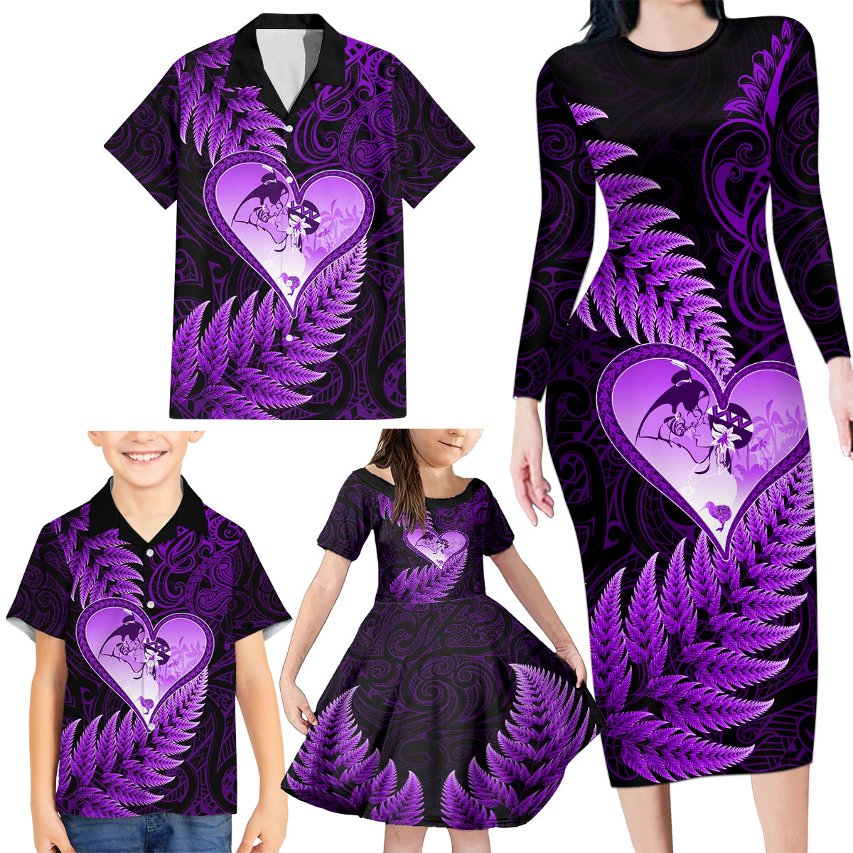 New Zealand Valentine Day Family Matching Long Sleeve Bodycon Dress and Hawaiian Shirt Aotearoa Warrior Love Story Silver Fern Koru Purple Style LT03 - Polynesian Pride