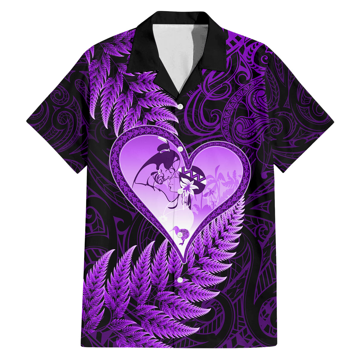 New Zealand Valentine Day Family Matching Mermaid Dress and Hawaiian Shirt Aotearoa Warrior Love Story Silver Fern Koru Purple Style LT03 Dad's Shirt - Short Sleeve Purple - Polynesian Pride