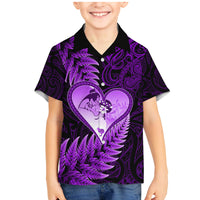 New Zealand Valentine Day Family Matching Mermaid Dress and Hawaiian Shirt Aotearoa Warrior Love Story Silver Fern Koru Purple Style LT03 Son's Shirt Purple - Polynesian Pride