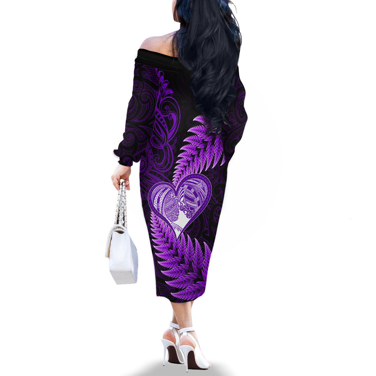 New Zealand Valentine Day Family Matching Off Shoulder Long Sleeve Dress and Hawaiian Shirt Aotearoa Warrior Love Story Silver Fern Koru Purple Style LT03 - Polynesian Pride