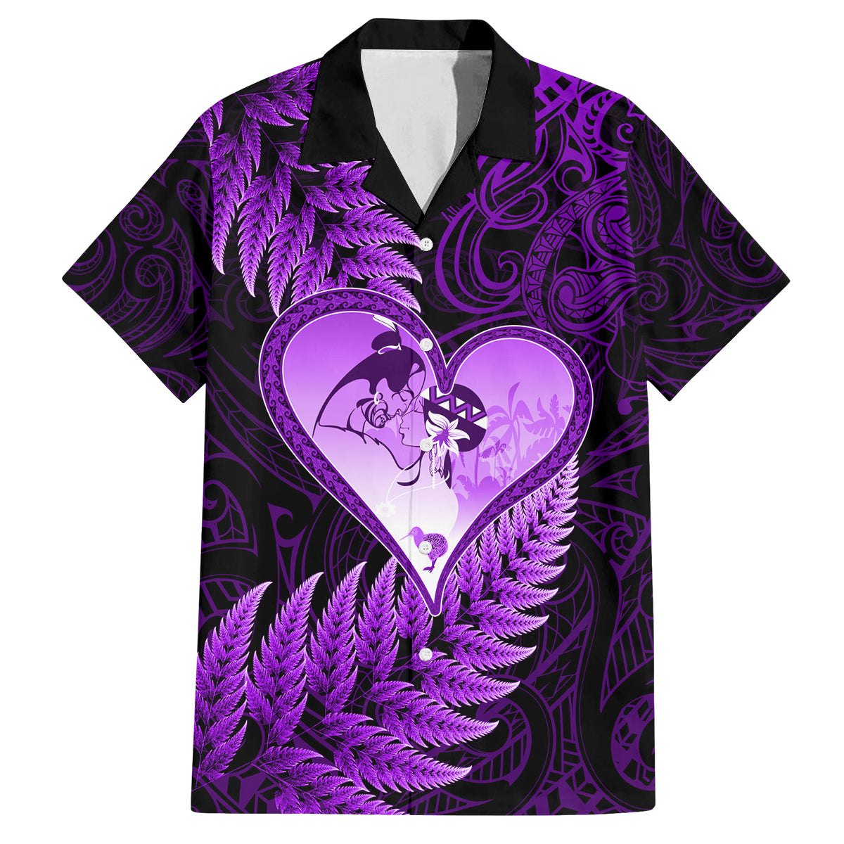 New Zealand Valentine Day Family Matching Off Shoulder Short Dress and Hawaiian Shirt Aotearoa Warrior Love Story Silver Fern Koru Purple Style LT03 Dad's Shirt - Short Sleeve Purple - Polynesian Pride