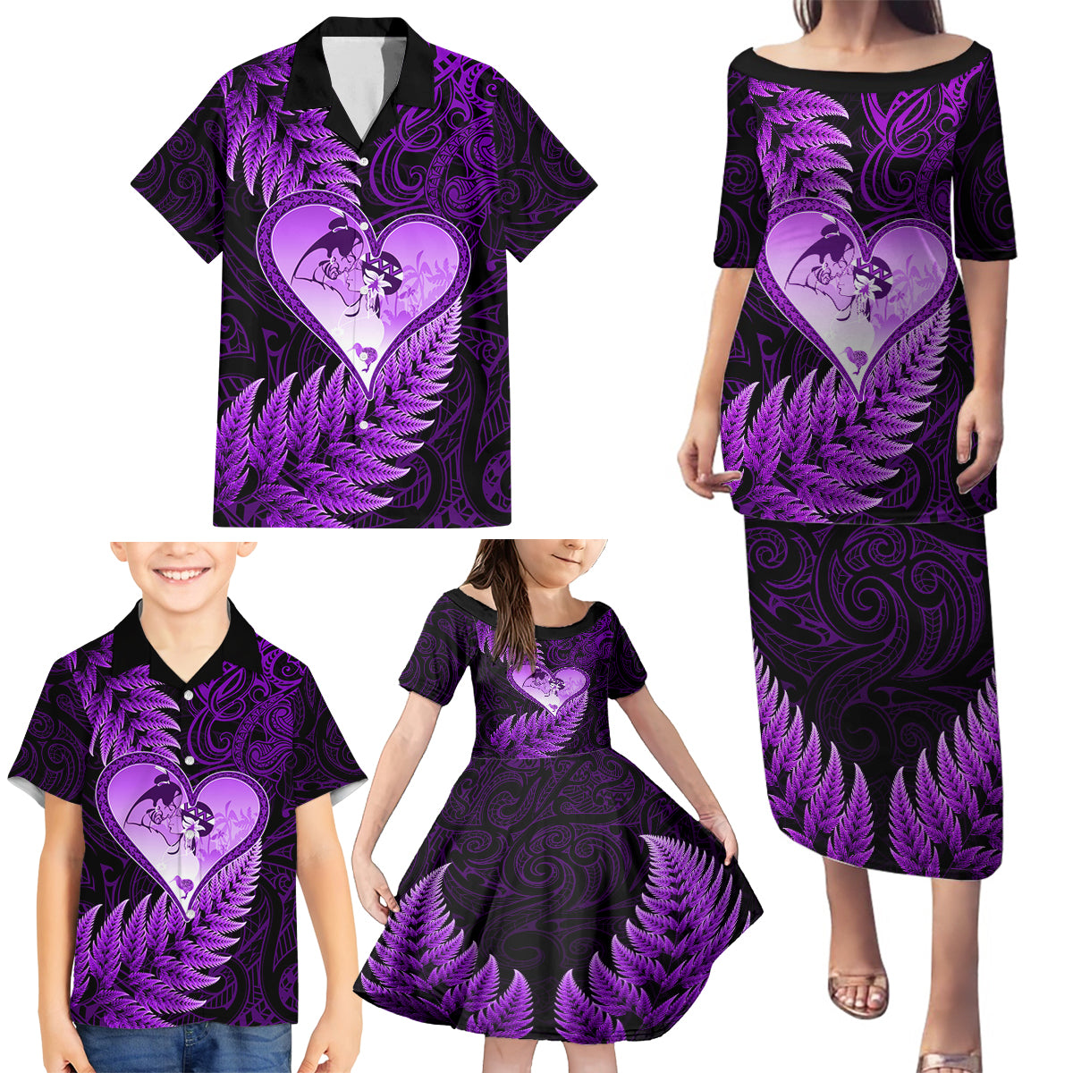 New Zealand Valentine Day Family Matching Puletasi and Hawaiian Shirt Aotearoa Warrior Love Story Silver Fern Koru Purple Style LT03 - Polynesian Pride