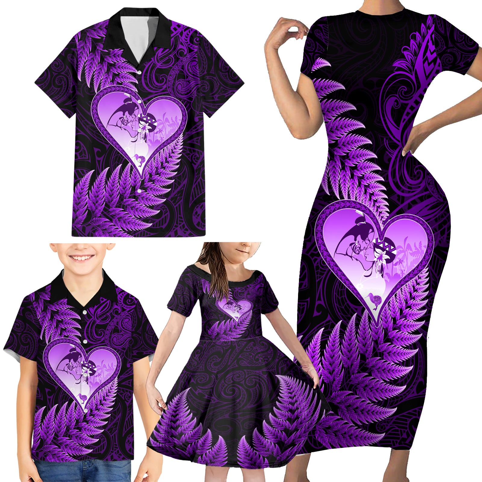 New Zealand Valentine Day Family Matching Short Sleeve Bodycon Dress and Hawaiian Shirt Aotearoa Warrior Love Story Silver Fern Koru Purple Style LT03 - Polynesian Pride