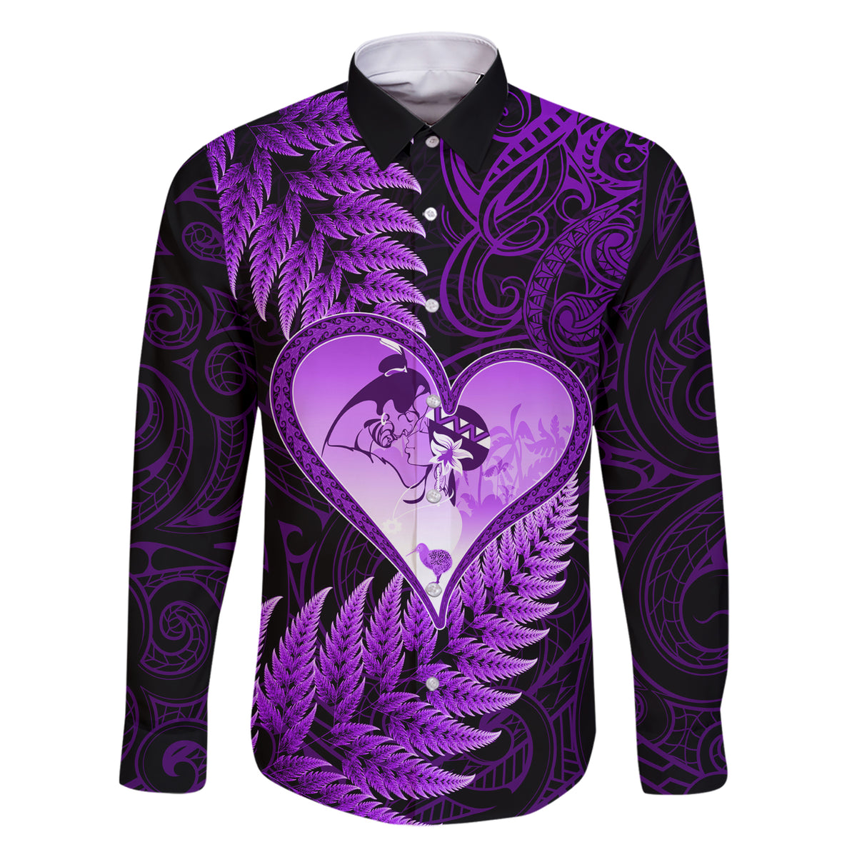 New Zealand Valentine Day Family Matching Short Sleeve Bodycon Dress and Hawaiian Shirt Aotearoa Warrior Love Story Silver Fern Koru Purple Style LT03 Dad's Shirt - Long Sleeve Purple - Polynesian Pride