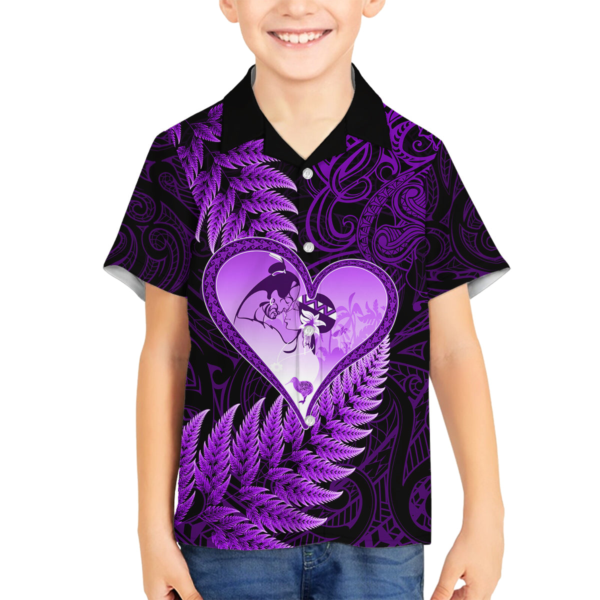 New Zealand Valentine Day Family Matching Summer Maxi Dress and Hawaiian Shirt Aotearoa Warrior Love Story Silver Fern Koru Purple Style LT03 Son's Shirt Purple - Polynesian Pride