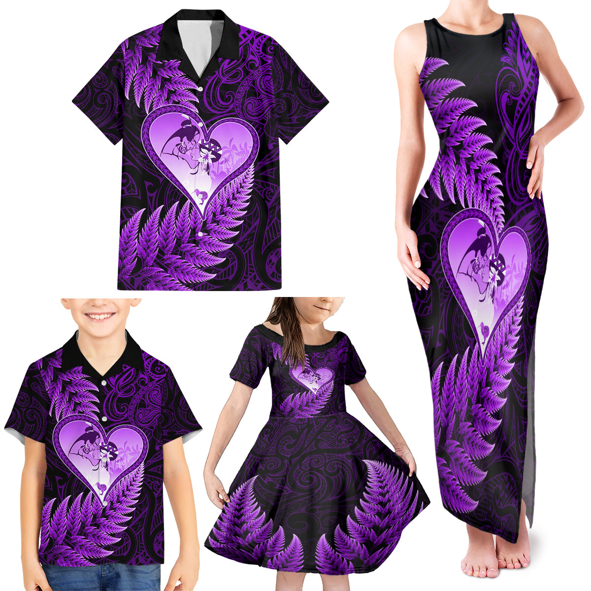 New Zealand Valentine Day Family Matching Tank Maxi Dress and Hawaiian Shirt Aotearoa Warrior Love Story Silver Fern Koru Purple Style LT03 - Polynesian Pride