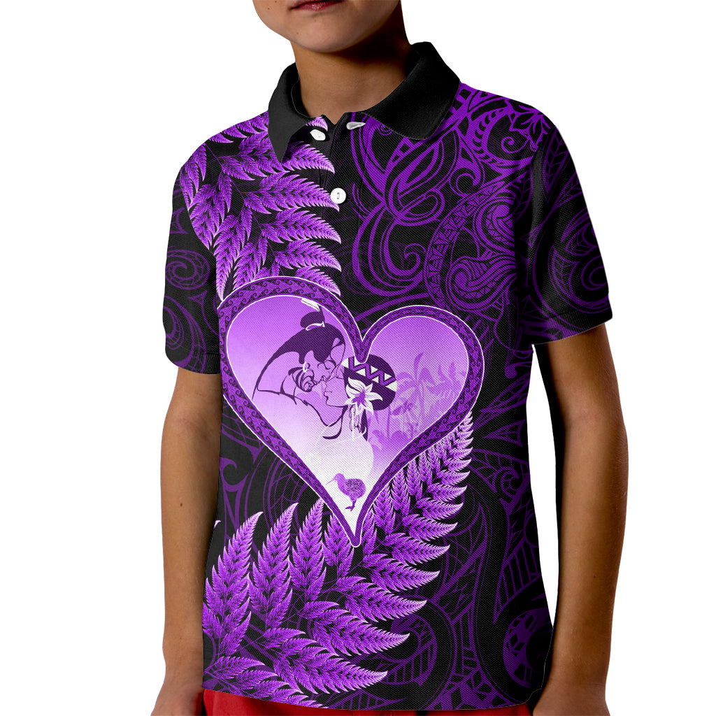 New Zealand Valentine Day Kid Polo Shirt Aotearoa Warrior Love Story Silver Fern Koru Purple Style LT03 Kid Purple - Polynesian Pride