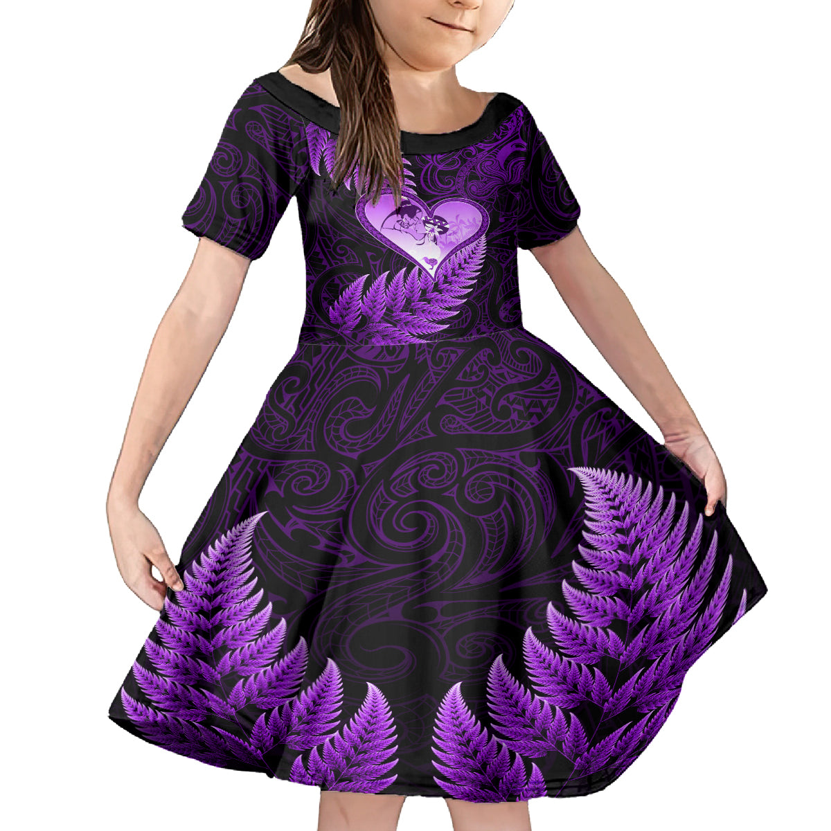 New Zealand Valentine Day Kid Short Sleeve Dress Aotearoa Warrior Love Story Silver Fern Koru Purple Style LT03 KID Purple - Polynesian Pride