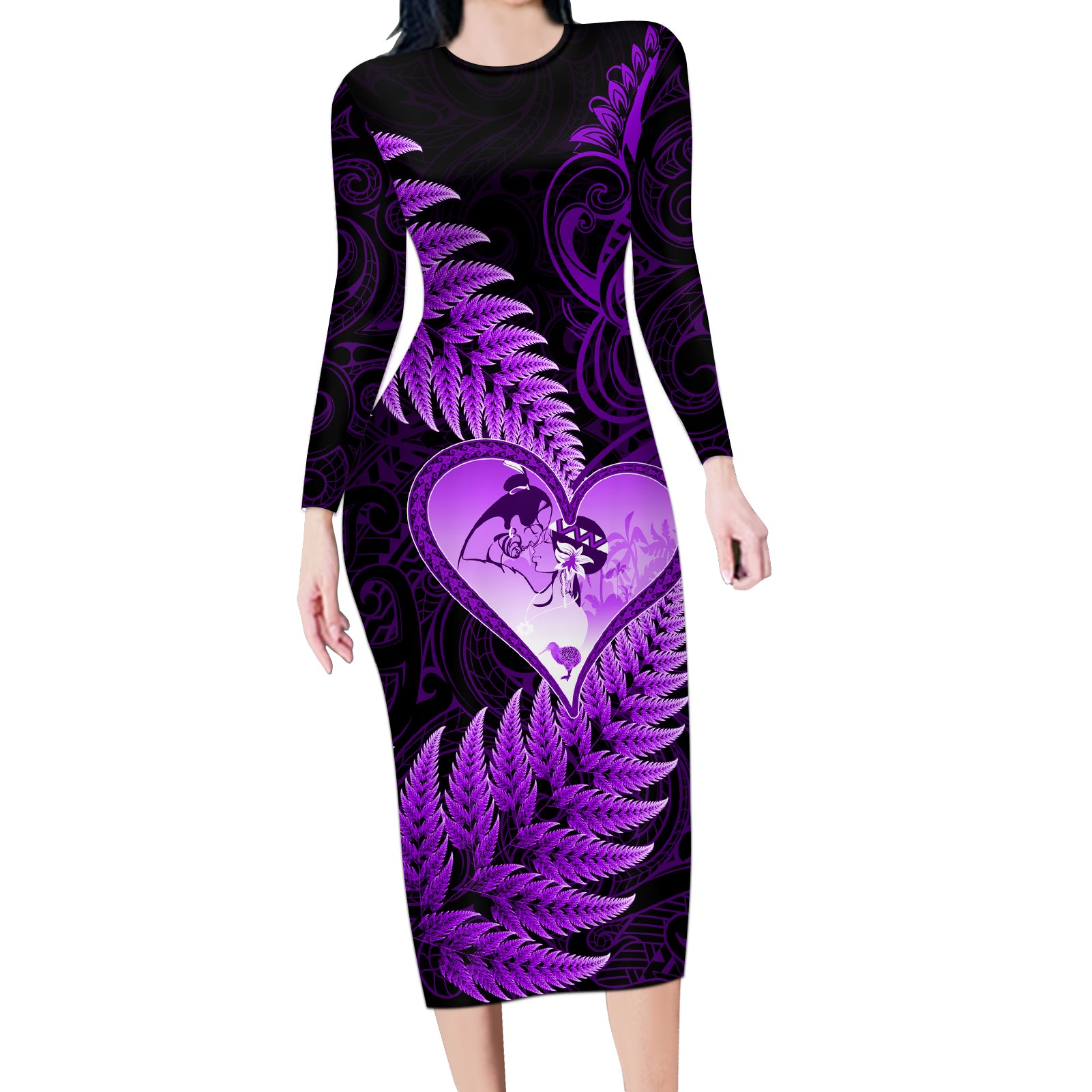 New Zealand Valentine Day Long Sleeve Bodycon Dress Aotearoa Warrior Love Story Silver Fern Koru Purple Style LT03 Long Dress Purple - Polynesian Pride