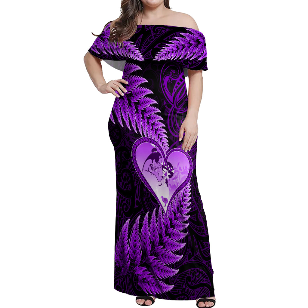 New Zealand Valentine Day Off Shoulder Maxi Dress Aotearoa Warrior Love Story Silver Fern Koru Purple Style LT03 Women Purple - Polynesian Pride