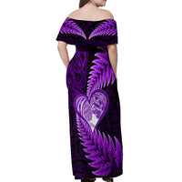 New Zealand Valentine Day Off Shoulder Maxi Dress Aotearoa Warrior Love Story Silver Fern Koru Purple Style LT03 - Polynesian Pride