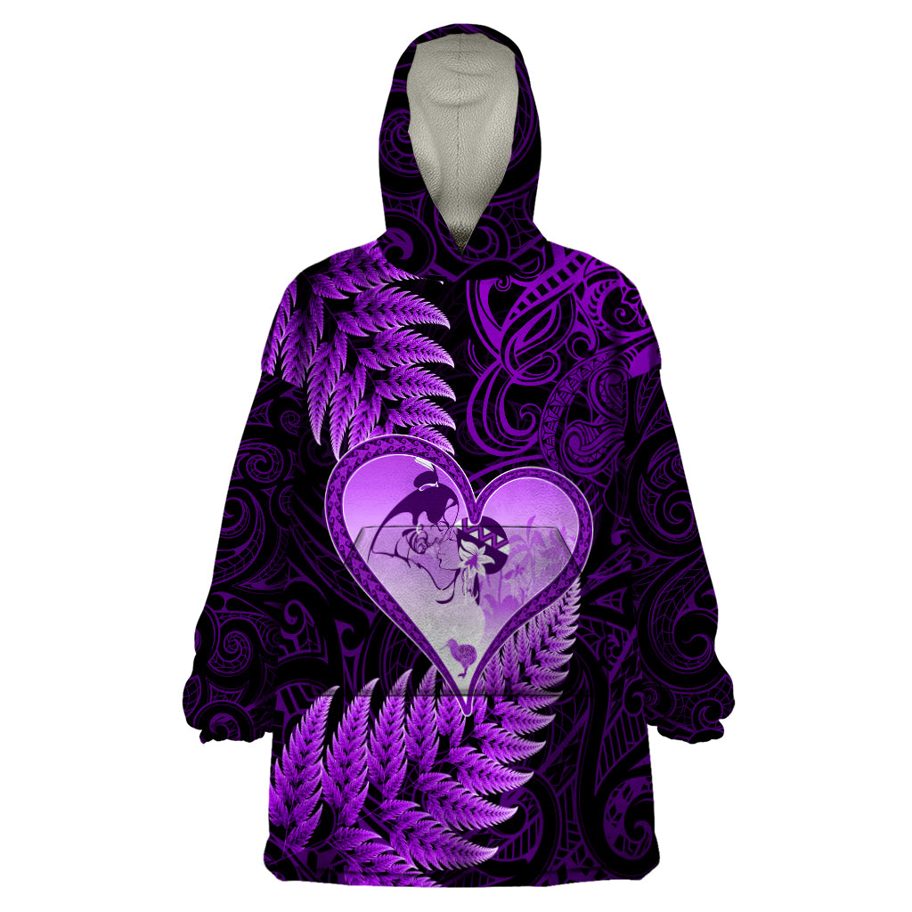 New Zealand Valentine Day Wearable Blanket Hoodie Aotearoa Warrior Love Story Silver Fern Koru Purple Style LT03 One Size Purple - Polynesian Pride