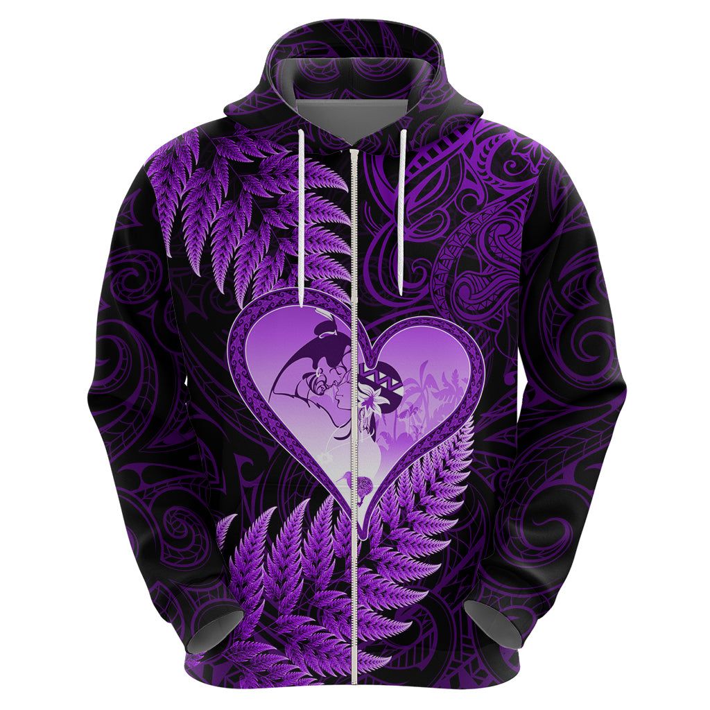 New Zealand Valentine Day Zip Hoodie Aotearoa Warrior Love Story Silver Fern Koru Purple Style LT03 - Polynesian Pride