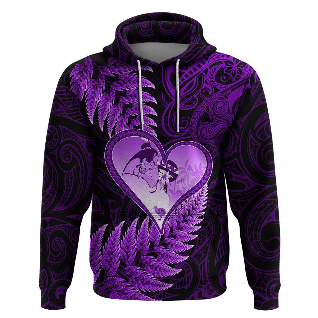 New Zealand Valentine Day Zip Hoodie Aotearoa Warrior Love Story Silver Fern Koru Purple Style LT03 Pullover Hoodie Purple - Polynesian Pride