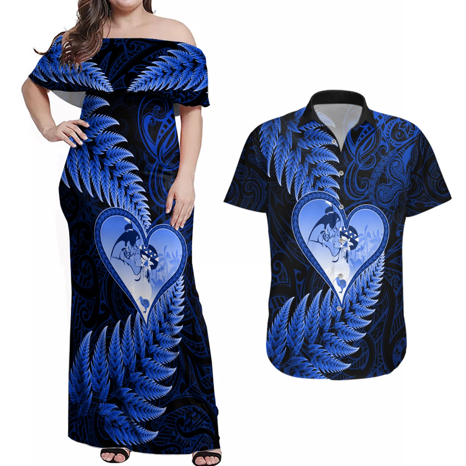 New Zealand Valentine Day Couples Matching Off Shoulder Maxi Dress and Hawaiian Shirt Aotearoa Warrior Love Story Silver Fern Koru Blue Style LT03 Blue - Polynesian Pride