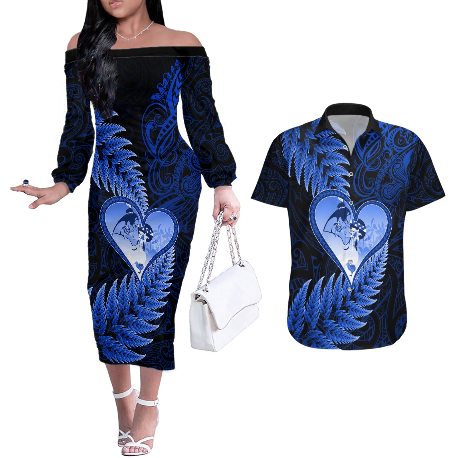 New Zealand Valentine Day Couples Matching Off The Shoulder Long Sleeve Dress and Hawaiian Shirt Aotearoa Warrior Love Story Silver Fern Koru Blue Style LT03 Blue - Polynesian Pride